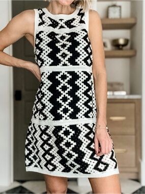 LOFT Black & White Sleeveless Crochet Mini Dress